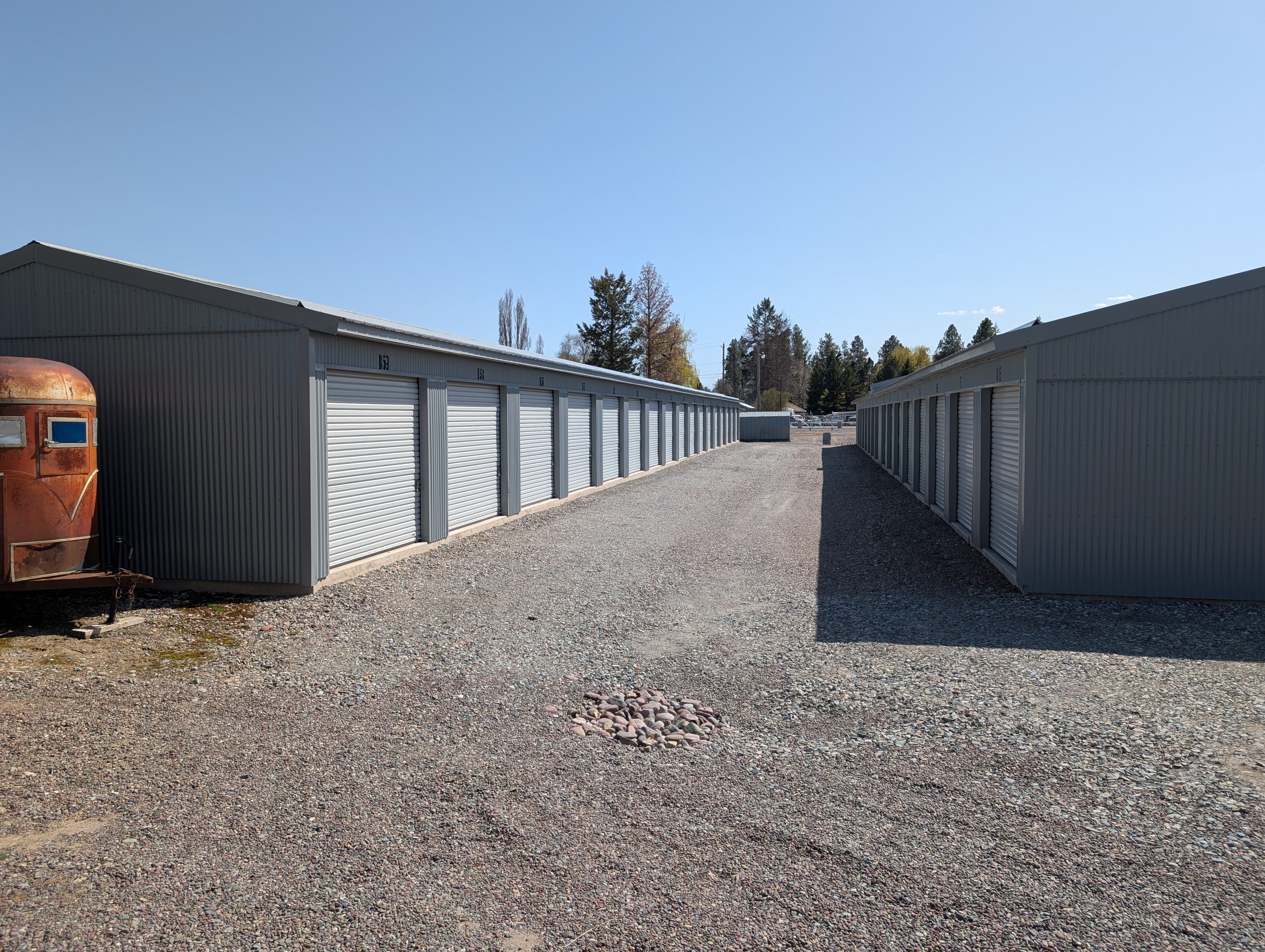 Row of storage unit doors at Sunset Storage in Kalispell